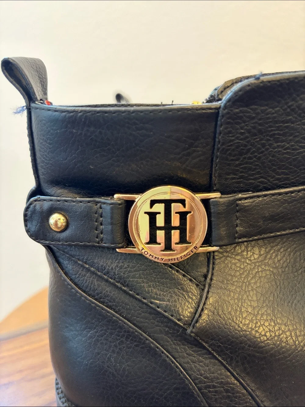 Tommy Hilfiger Black Faux Leather Booties with Gold Hardware